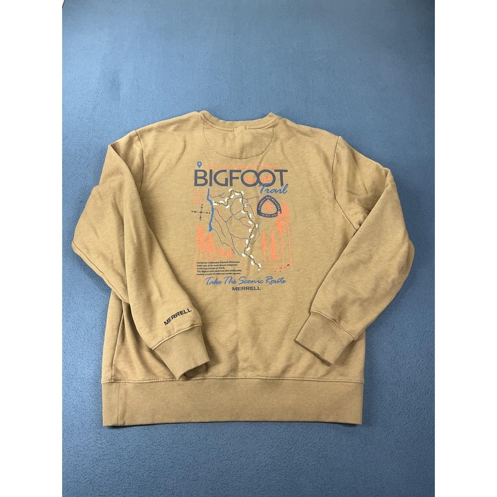 Merrell Sweatshirt Mens M Beige Bigfoot Trail Hike On Graphic Fleece Pullover